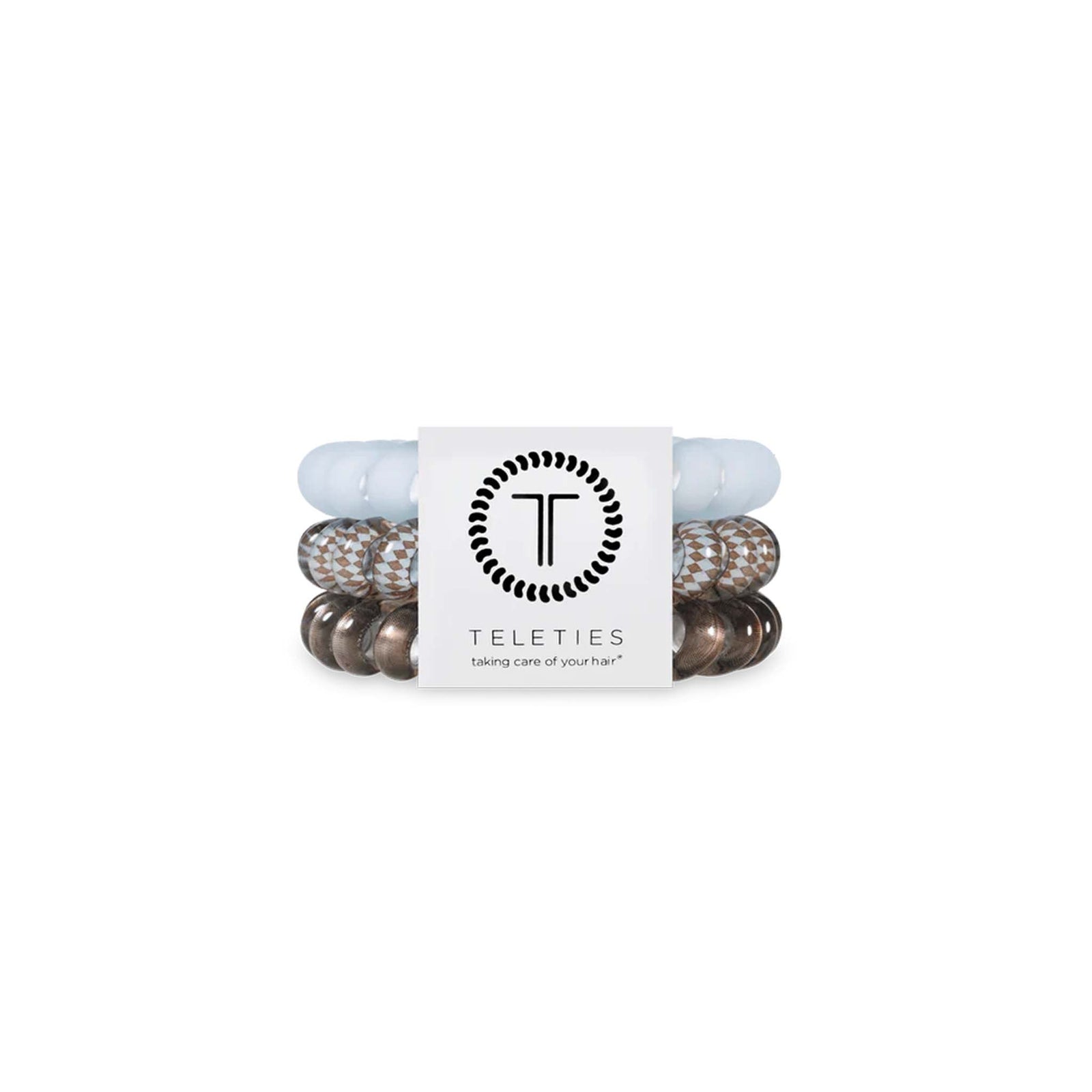Teleties 3-Pack of Large Hair Ties in Truly Taupe shown in retail packaging with logo card.