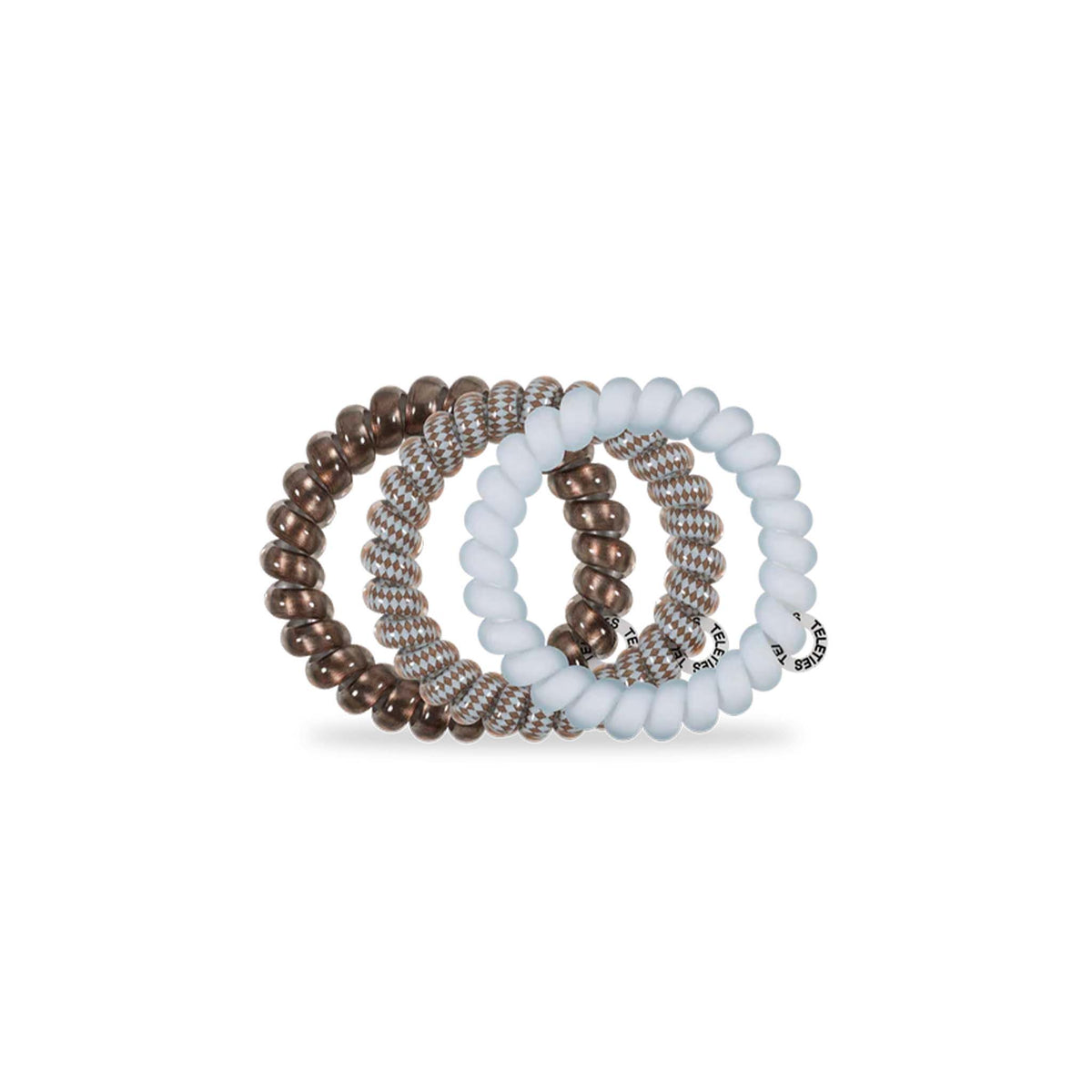 Three Teleties Large Hair Ties in Truly Taupe displayed in circular stack, showing full color mix.
