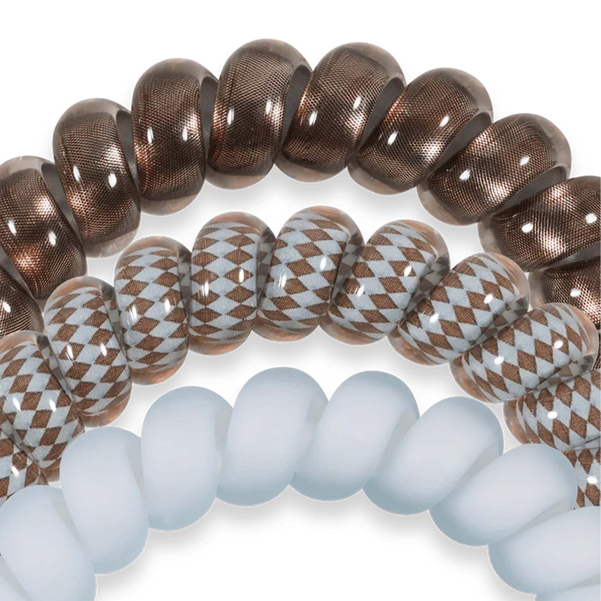 Close-up of Teleties Large Hair Ties in Truly Taupe pack, featuring metallic taupe, patterned taupe, and frosted blue.