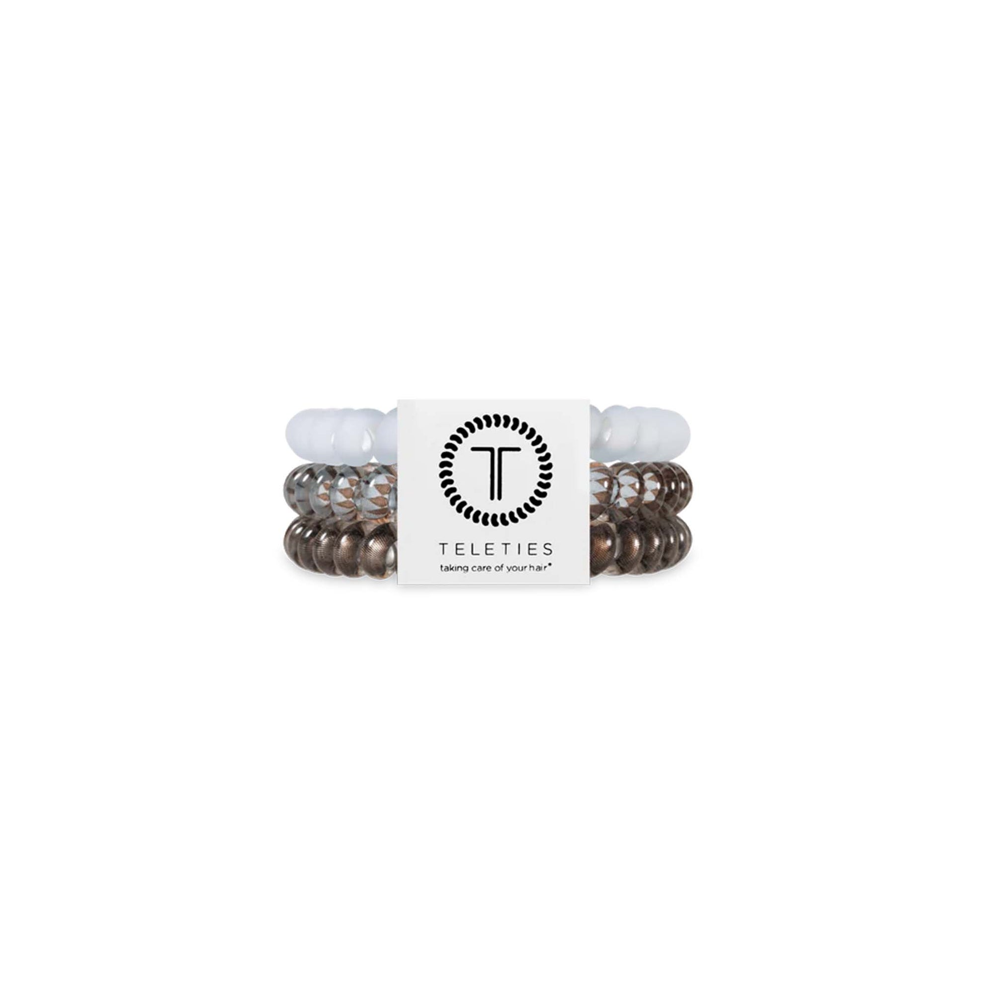 Teleties Small Hair Ties 3-Pack in Truly Taupe in branded packaging with metallic brown, patterned taupe, and light blue coiled ties.