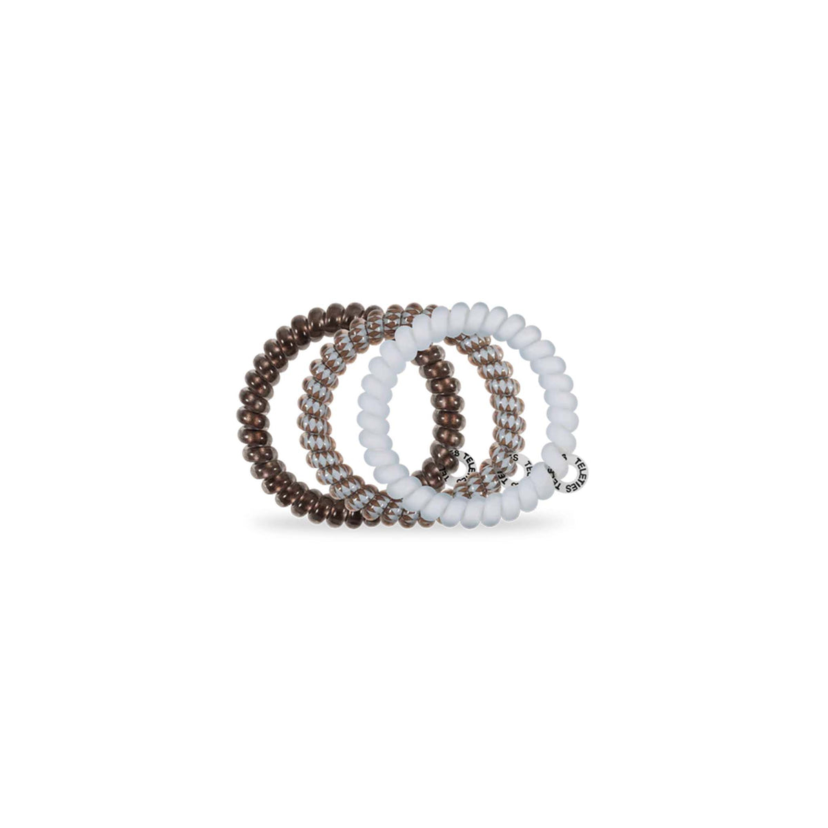 Teleties Small Hair Ties 3-Pack in Truly Taupe with metallic brown, taupe diamond pattern, and light blue bands stacked together.