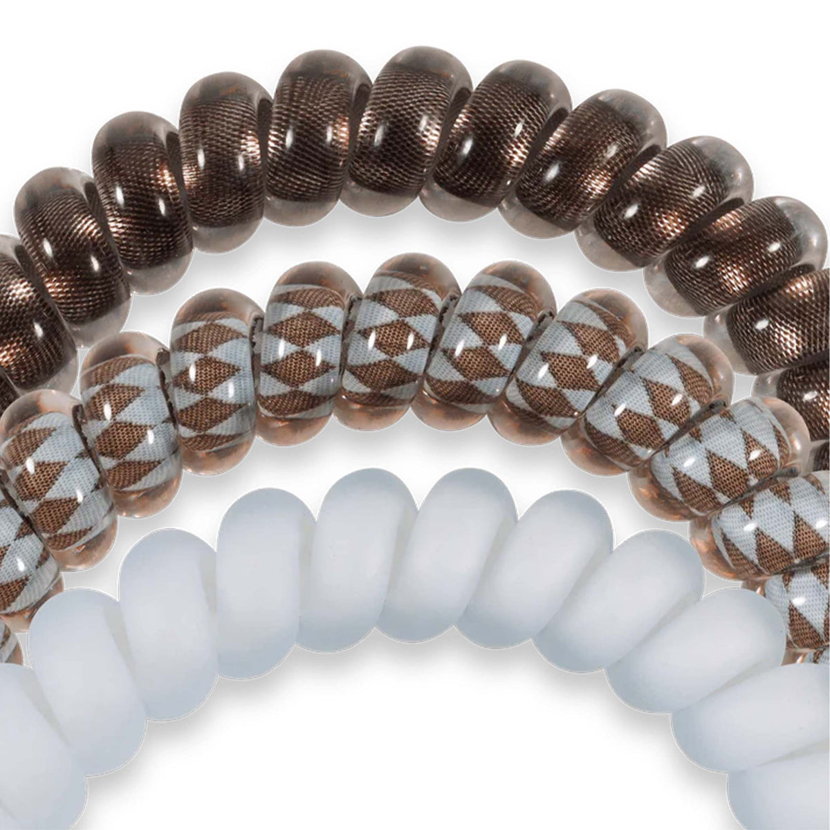 Close-up of Teleties Small Hair Ties 3-Pack in Truly Taupe featuring metallic brown, taupe diamond pattern, and light blue details.