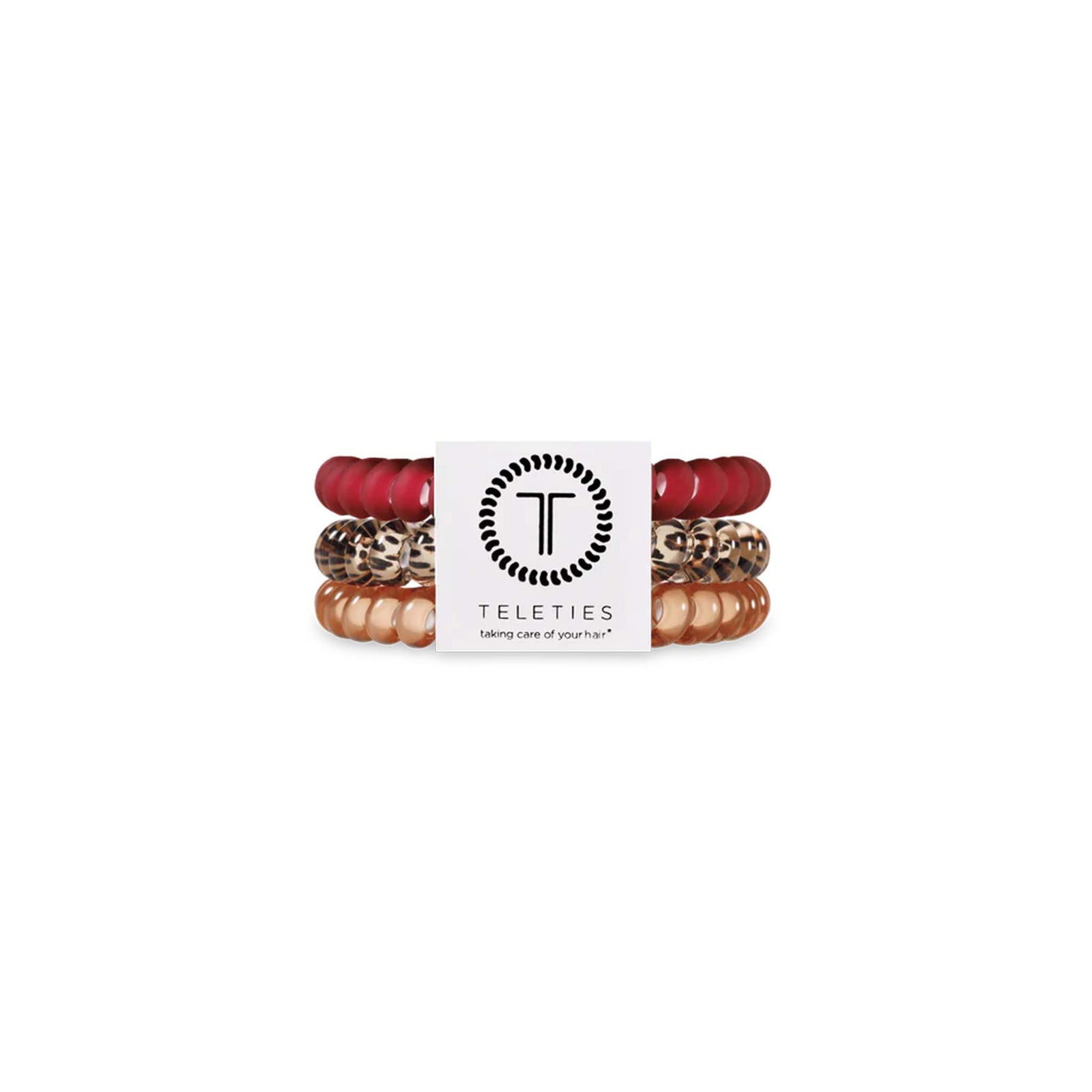 Packaged Teleties small hair ties in Wild Side, featuring three stacked bands in leopard, matte red, and golden beige under Teleties logo card.