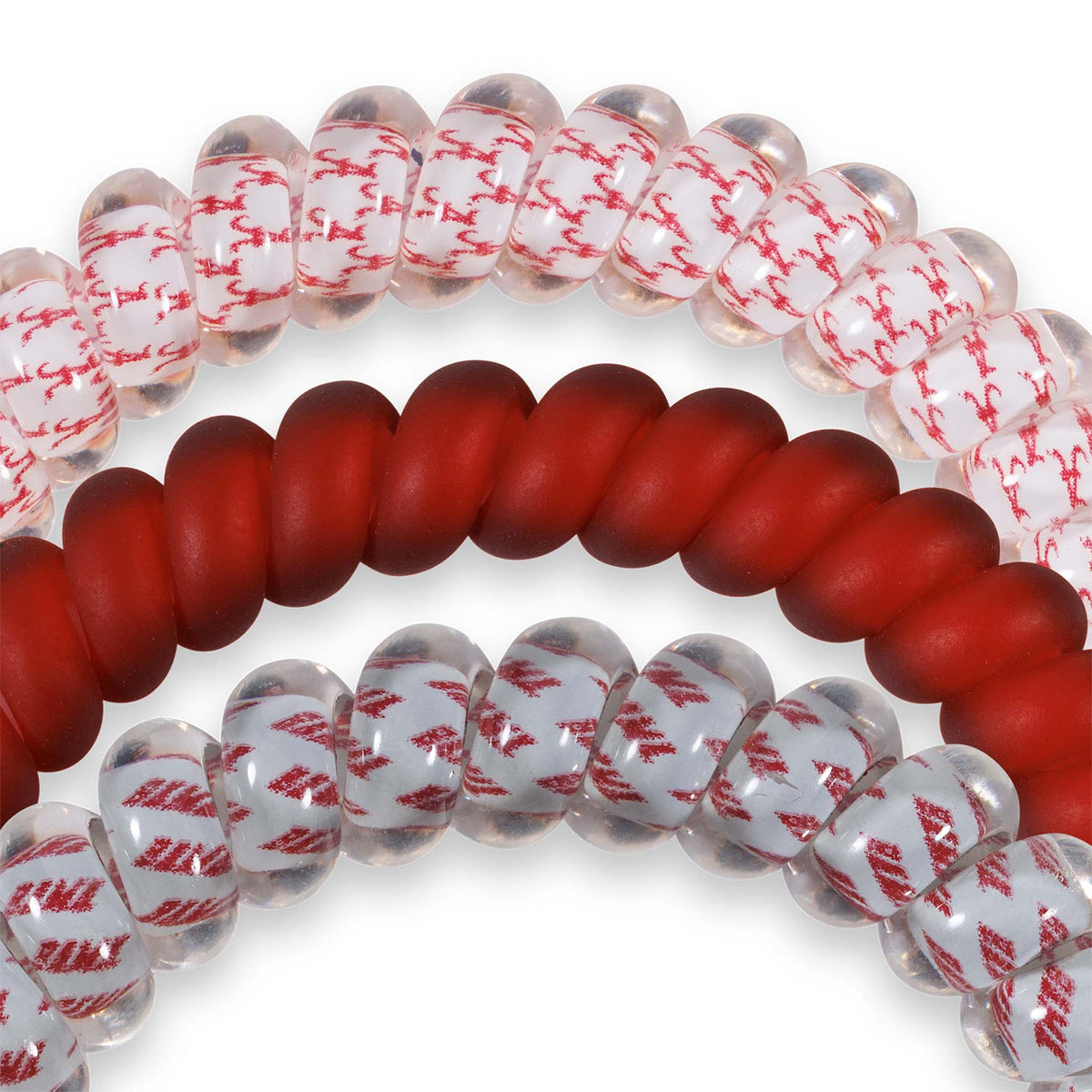 Coiled red and clear bracelet with white beads featuring red text on a white background
