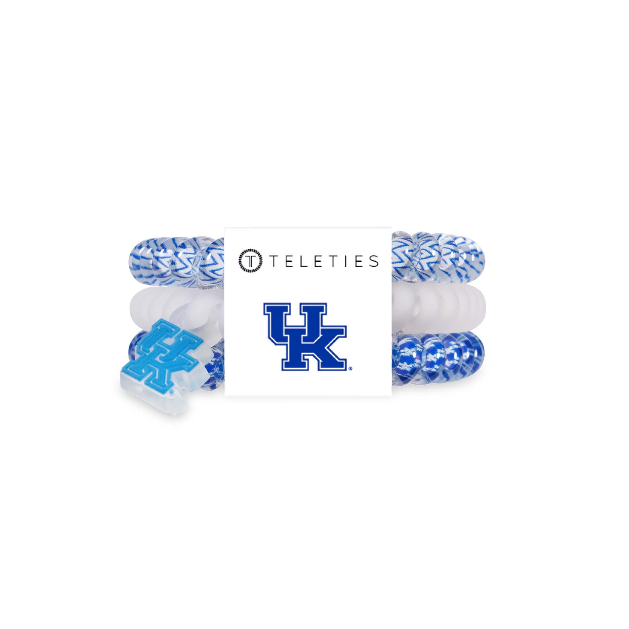 University of Kentucky Teleties three-pack featuring spiral hair ties in blue and white patterns with UK logo packaging.