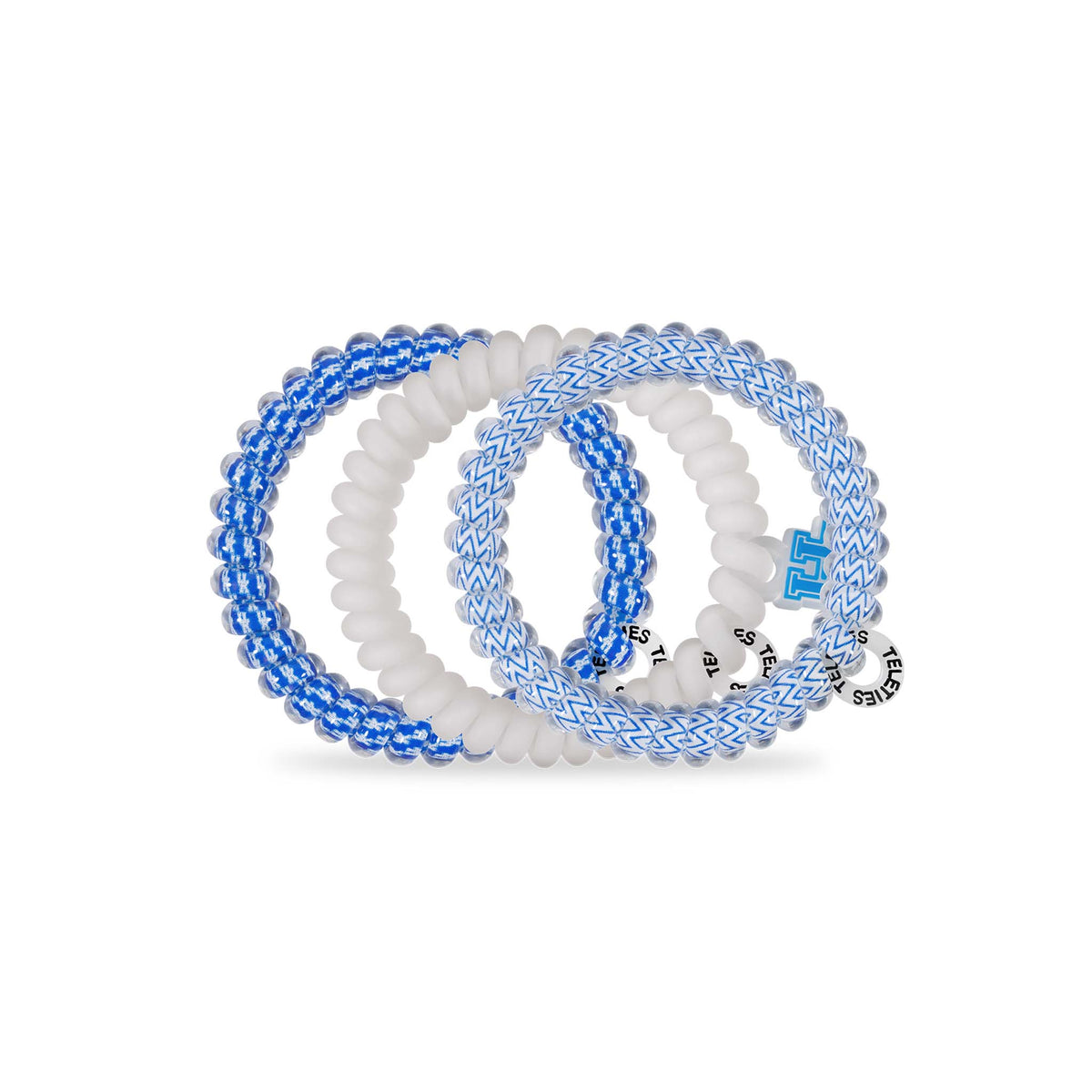 University of Kentucky Teleties three-pack showing hair ties in blue houndstooth, solid white, and blue zigzag designs with round logo tag