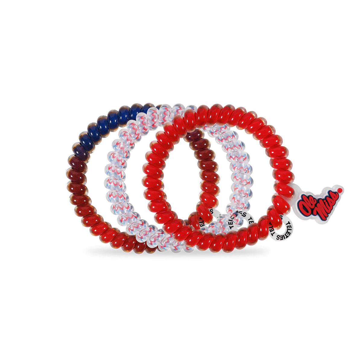 Ole Miss Teleties set with spiral hair ties in navy, clear with red and blue zigzag design, and solid red.