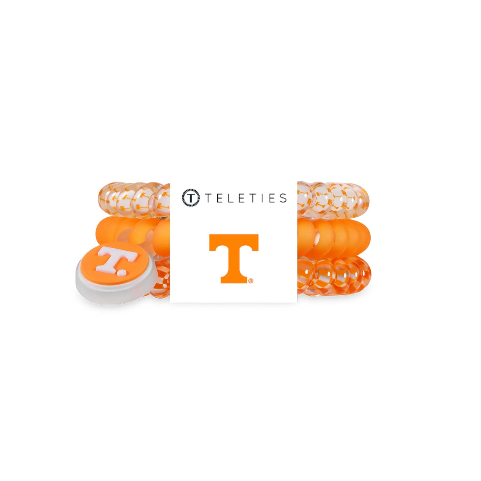 Tennessee Volunteers Teleties three-pack featuring spiral hair ties in solid orange and clear with orange patterns, displayed in logo packaging.