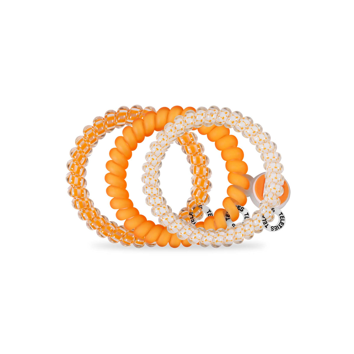 Tennessee Volunteers Teleties three-pack showing hair ties in orange and patterned clear designs with round logo tag and orange "T" charm.