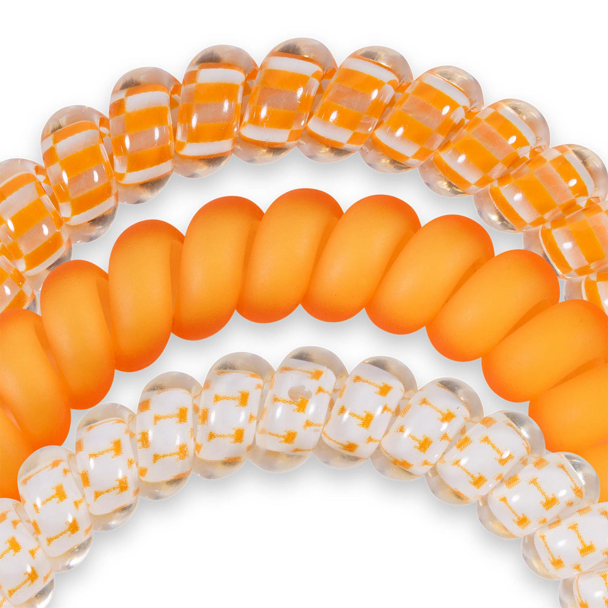 Tennessee Teleties set with spiral hair ties in solid orange, clear with orange stripes, and clear with orange checker design.