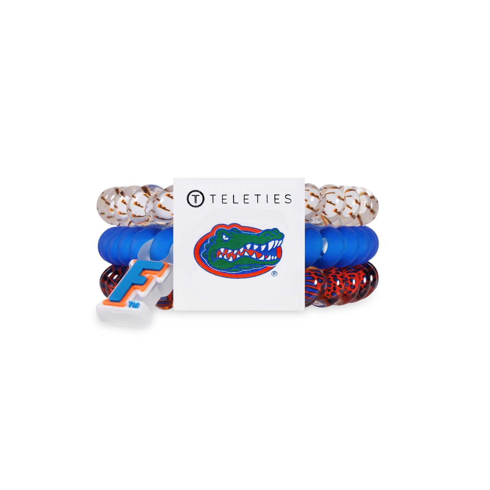 Florida Gators Teleties three-pack featuring spiral hair ties in blue, orange and blue print, and white with orange accents in logo packaging.