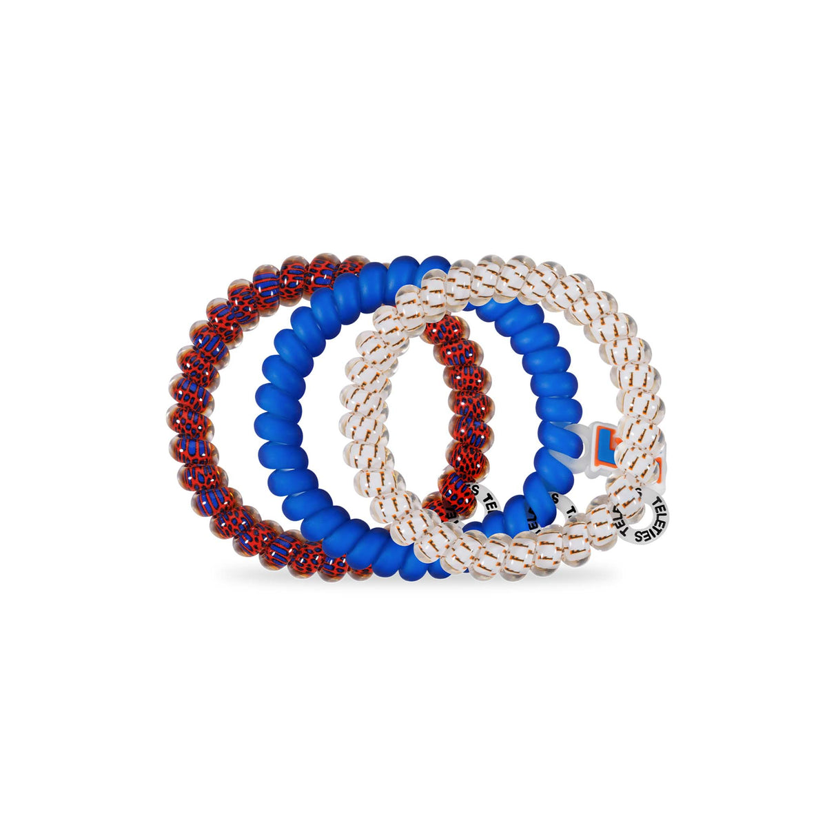 Florida Gators Teleties set with spiral hair ties in animal print orange and blue, solid blue, and clear with orange checker design.