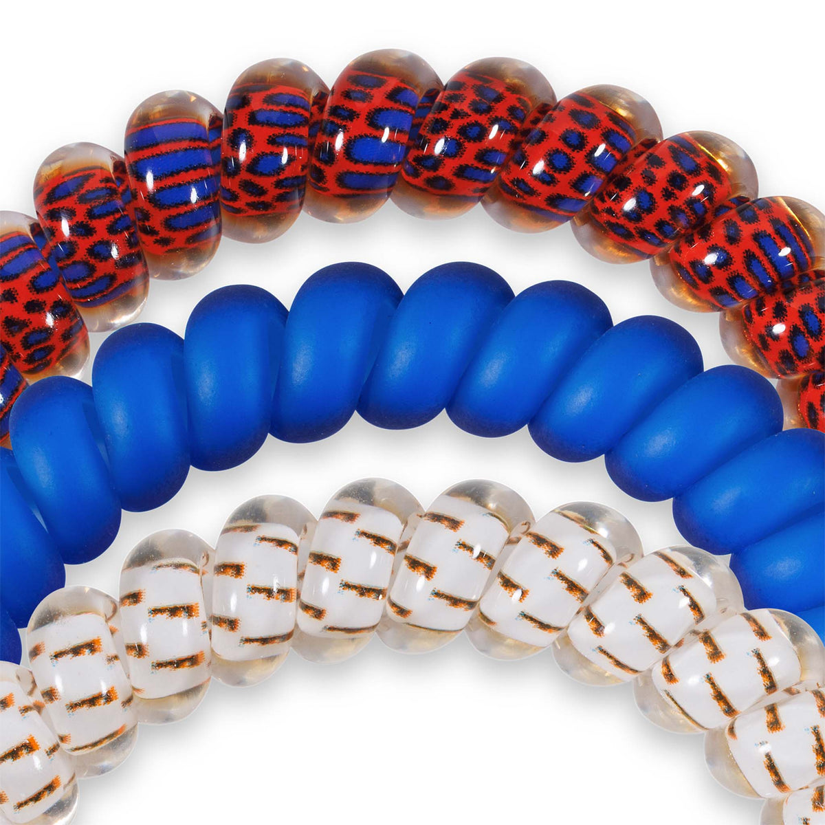 Florida Gators Teleties three-pack showing spiral hair ties in orange and blue animal print, solid royal blue, and white with orange pattern.