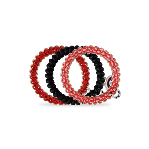 Georgia Bulldogs Teleties three-pack showing hair ties in red zigzag, black, and red and white checker designs with round logo tag.