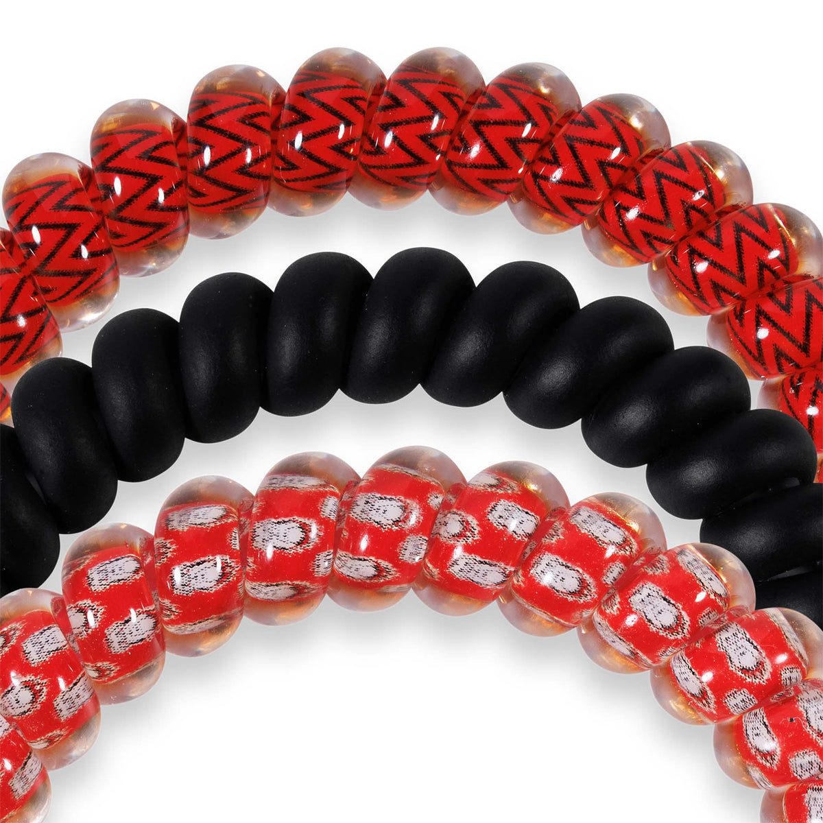 Georgia Bulldogs Teleties set with spiral hair ties in red zigzag, solid black, and clear with red and white pattern.