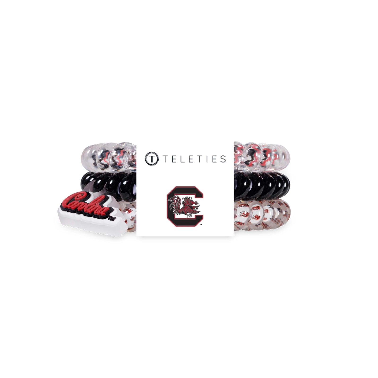 South Carolina Gamecocks Teleties three-pack featuring spiral hair ties in black, clear with garnet and black designs, and logo packaging.