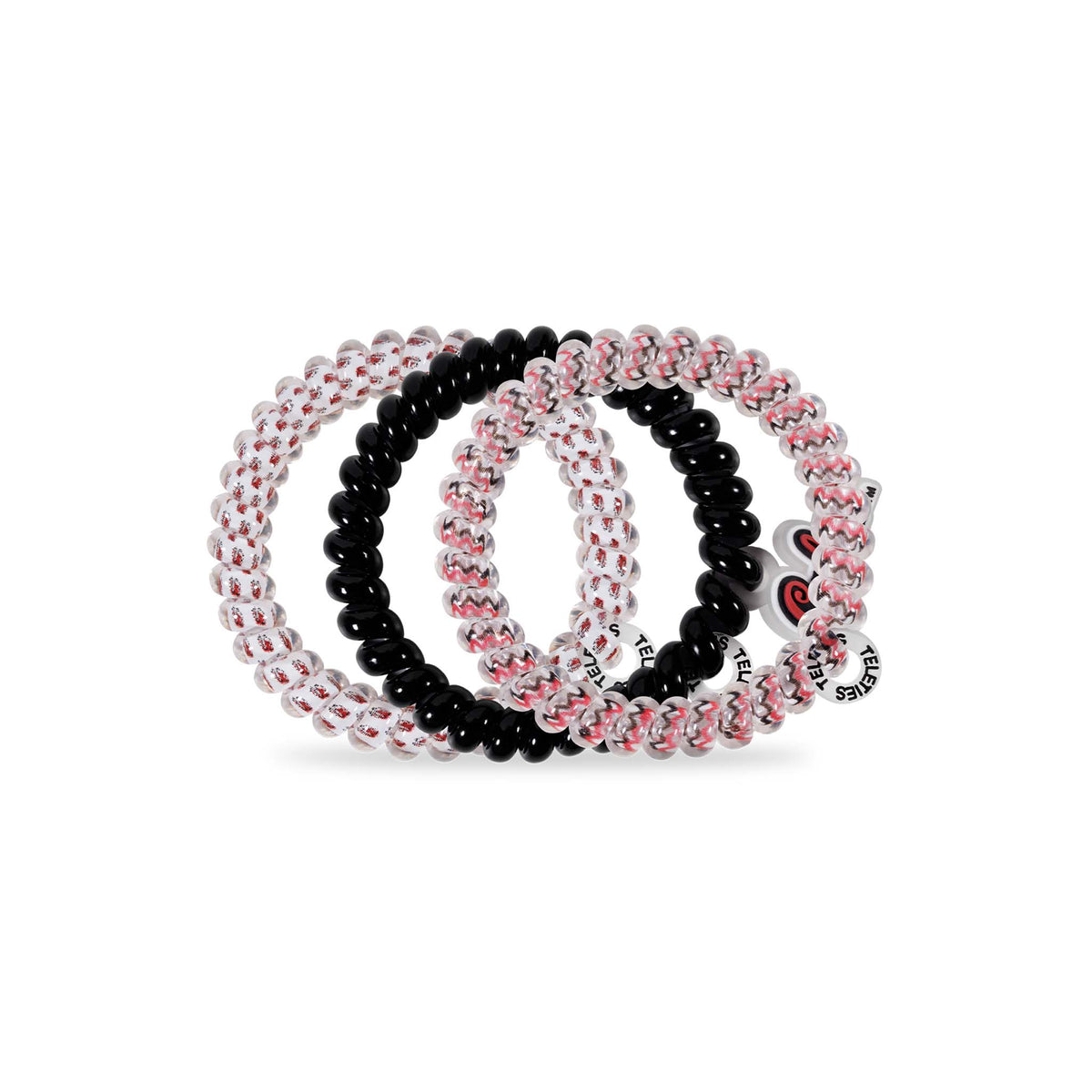 South Carolina Teleties set with spiral hair ties in solid black, clear with garnet Gamecock pattern, and clear with garnet and black zigzag design.