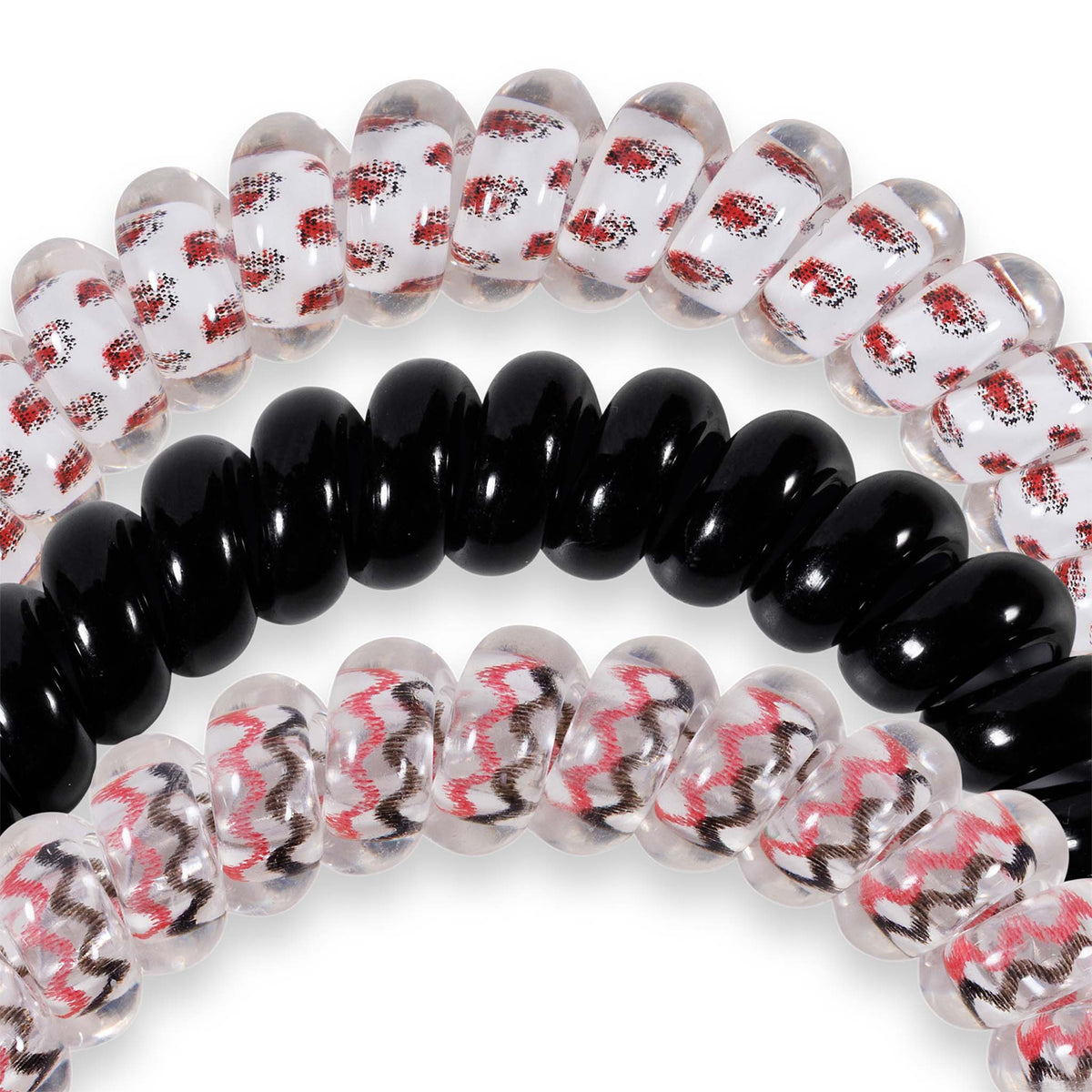 South Carolina Gamecocks Teleties three-pack showing hair ties in black, garnet and black patterns, displayed with round logo tag and “Carolina” charm.