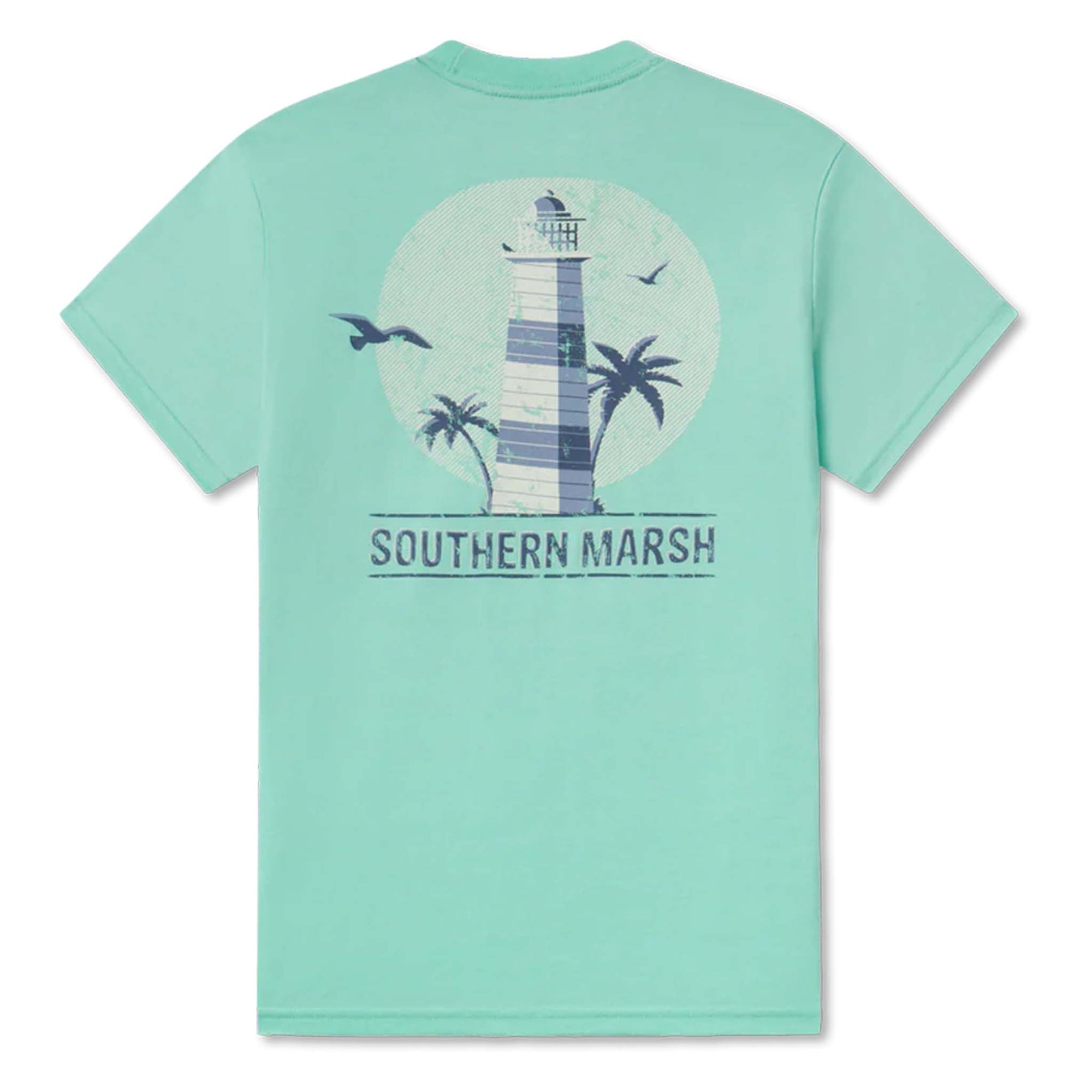 Mint green t-shirt with a lighthouse and palm tree design on the back, featuring the 'Southern Marsh' brand.