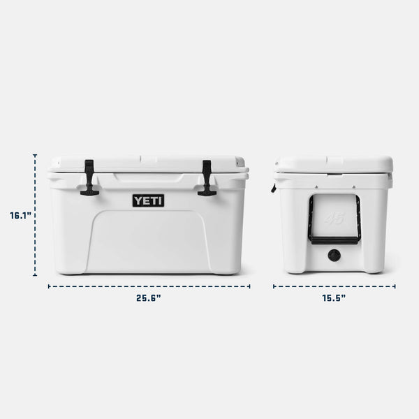 INFOGRAPHIC IMAGE OF A WHITE YETI TUNDRA 45 WITH MEASUREMENTS SHOWING 25.6"W x 16.1"H x 15.5"D.