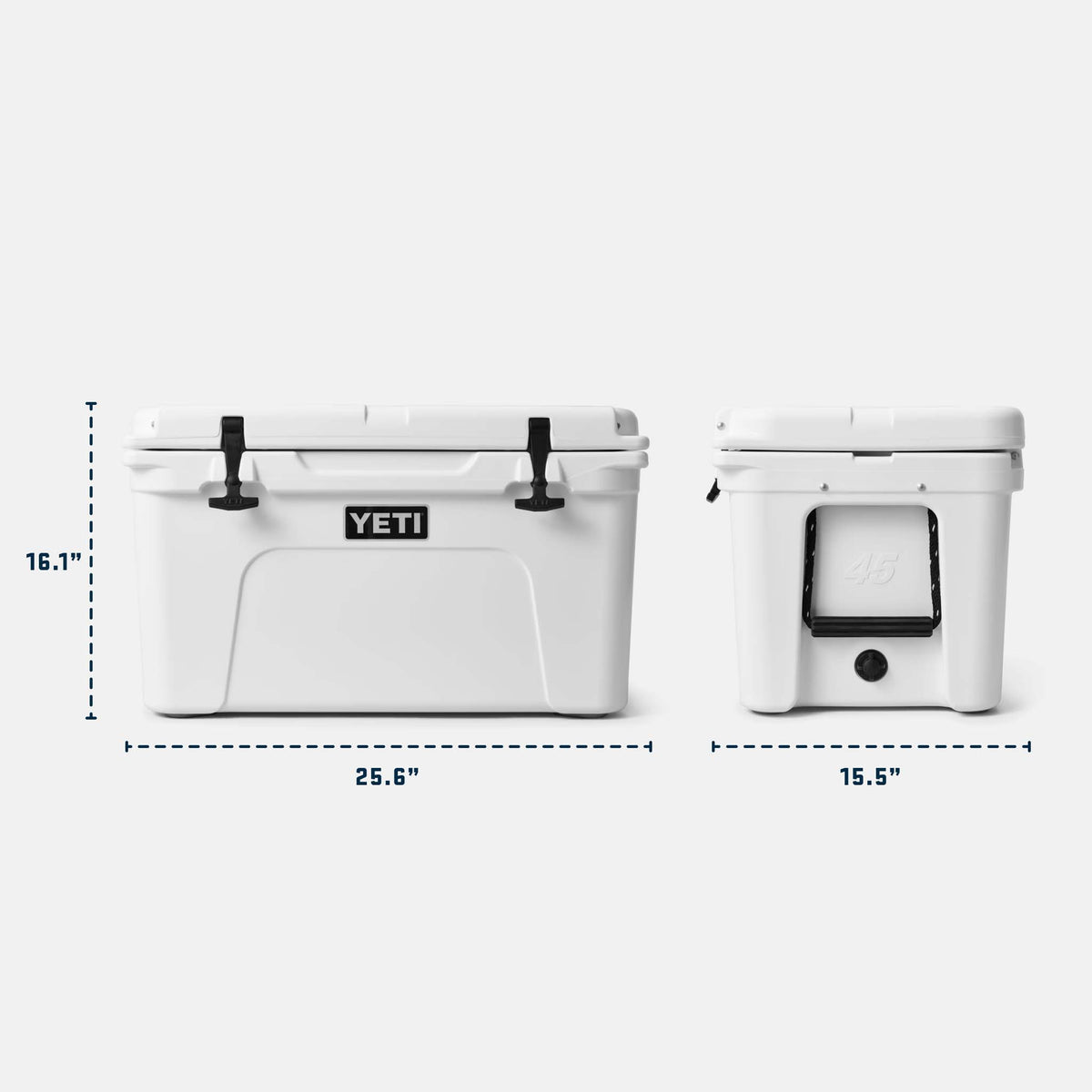INFOGRAPHIC IMAGE OF A WHITE YETI TUNDRA 45 WITH MEASUREMENTS SHOWING 25.6"W x 16.1"H x 15.5"D.