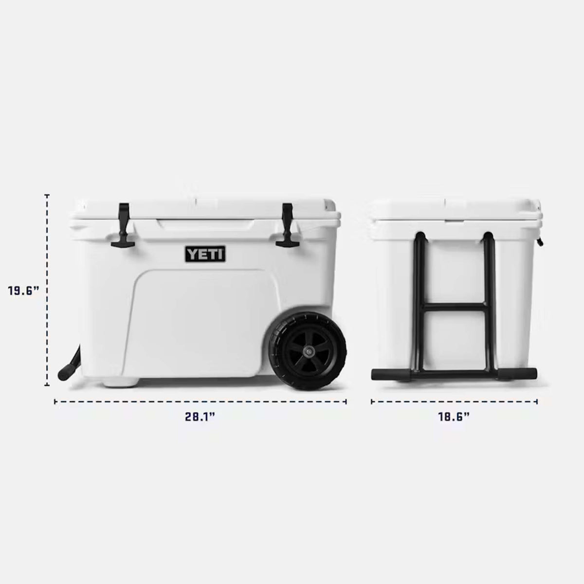 YETI Tundra Haul white cooler shown from front and side with dimensions labeled: 28.1 inches wide, 19.6 inches tall, and 18.6 inches deep.