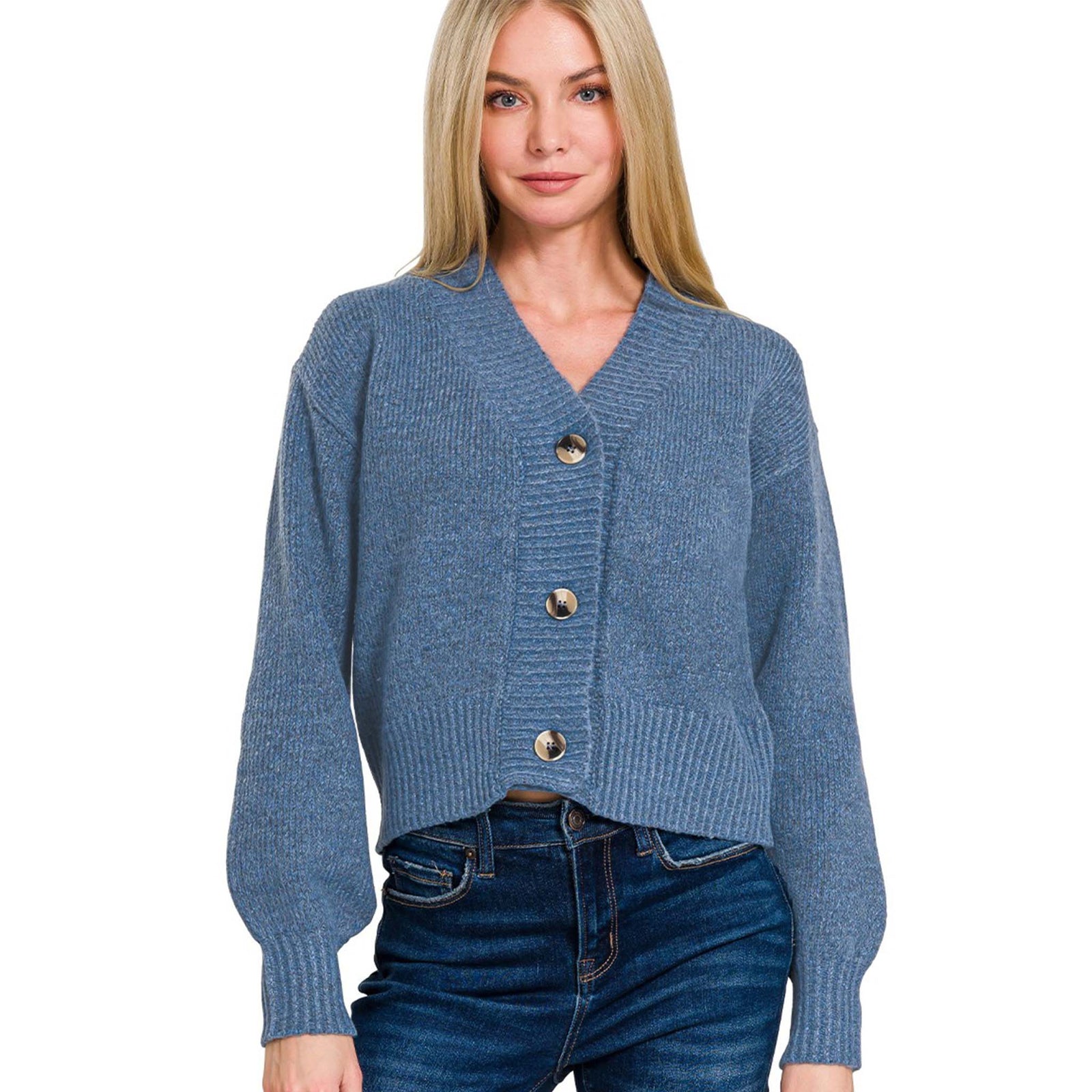 Woman wearing Button Front Cardigan Sweater by Zenana in dusty blue 