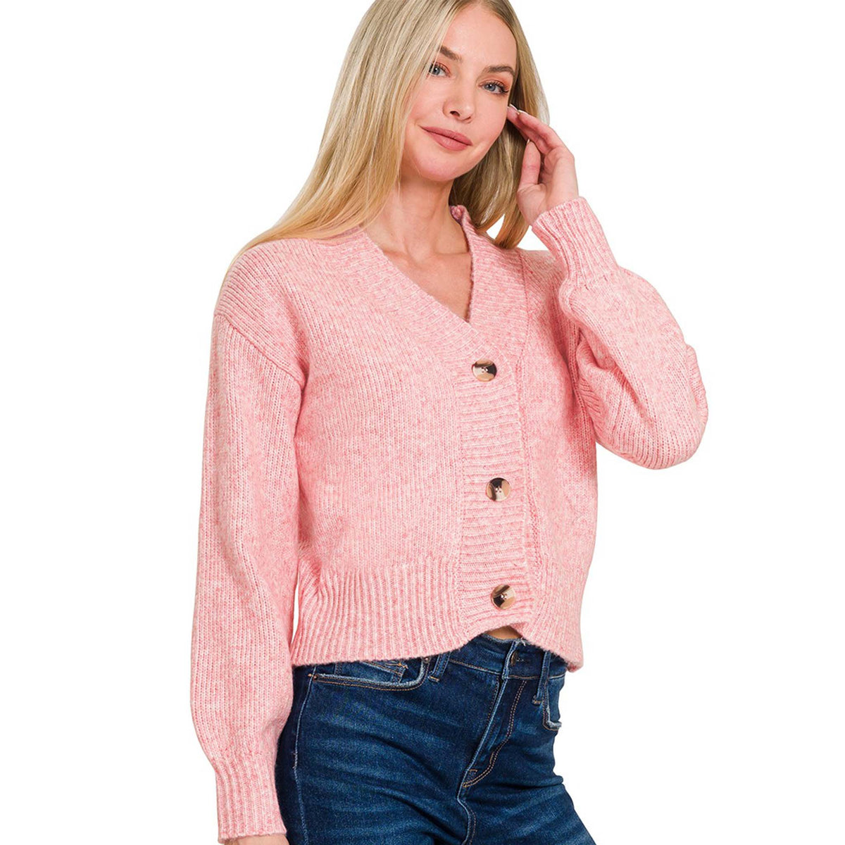 Woman wearing Button Front Cardigan Sweater by Zenana in rose pink 