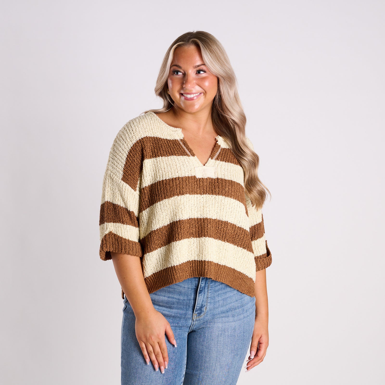 Short Sleeve Striped V-Neck Sweater