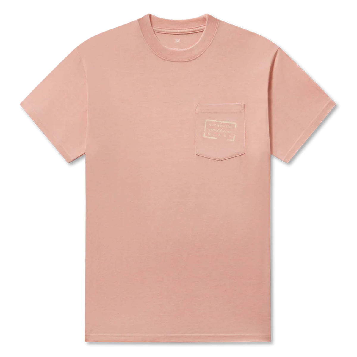 Pink t-shirt with a small logo on the chest against a white background