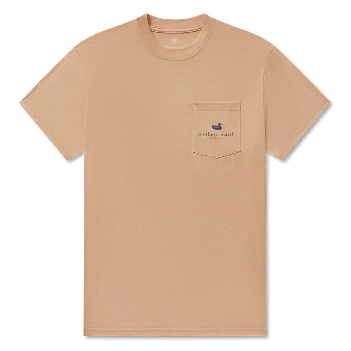 Beige t-shirt with a small logo on the chest pocket against a white background