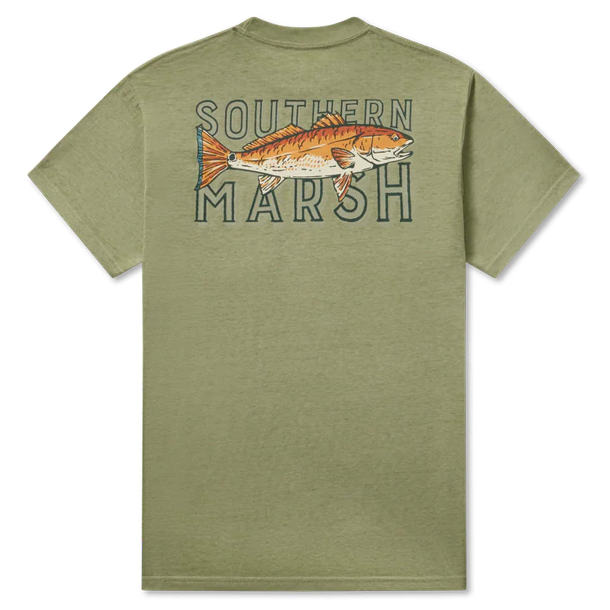 Olive green Southern Marsh t-shirt with large back graphic of an orange fish over “Southern Marsh.”
