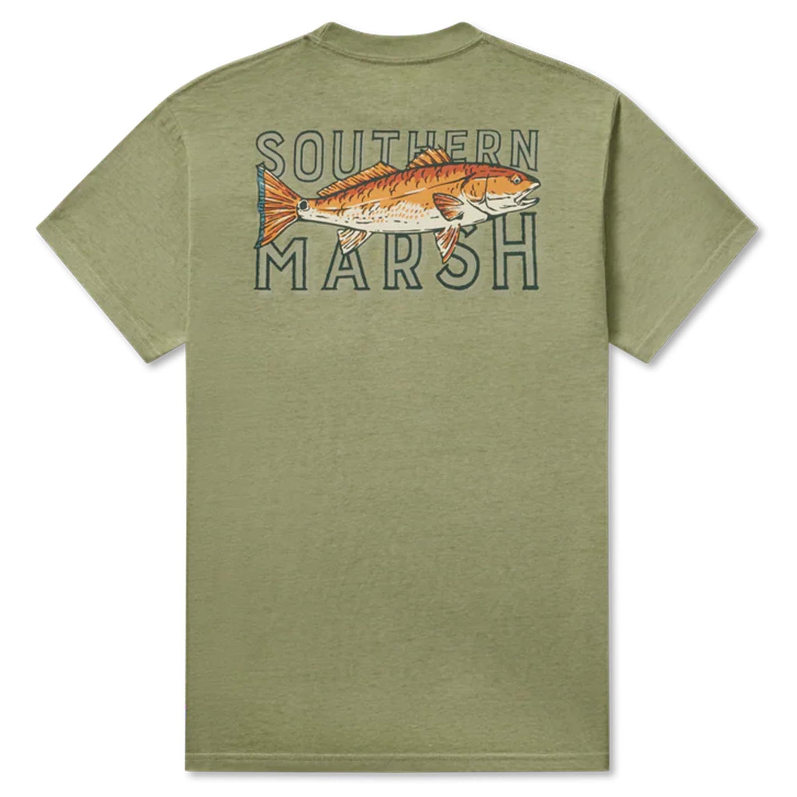 Olive green Southern Marsh t-shirt with large back graphic of an orange fish over “Southern Marsh.”