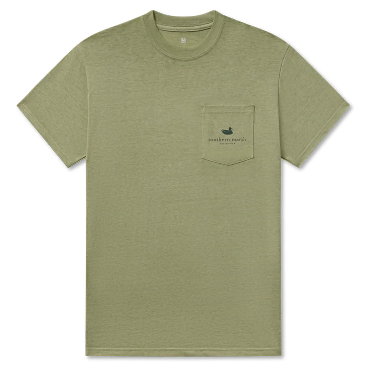 Olive green Southern Marsh t-shirt with chest pocket and small duck logo above “Southern Marsh.”