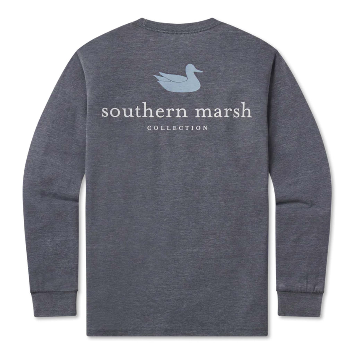 Long sleeve southern marsh t-shirt with a blue duck and white logo on a white background.
