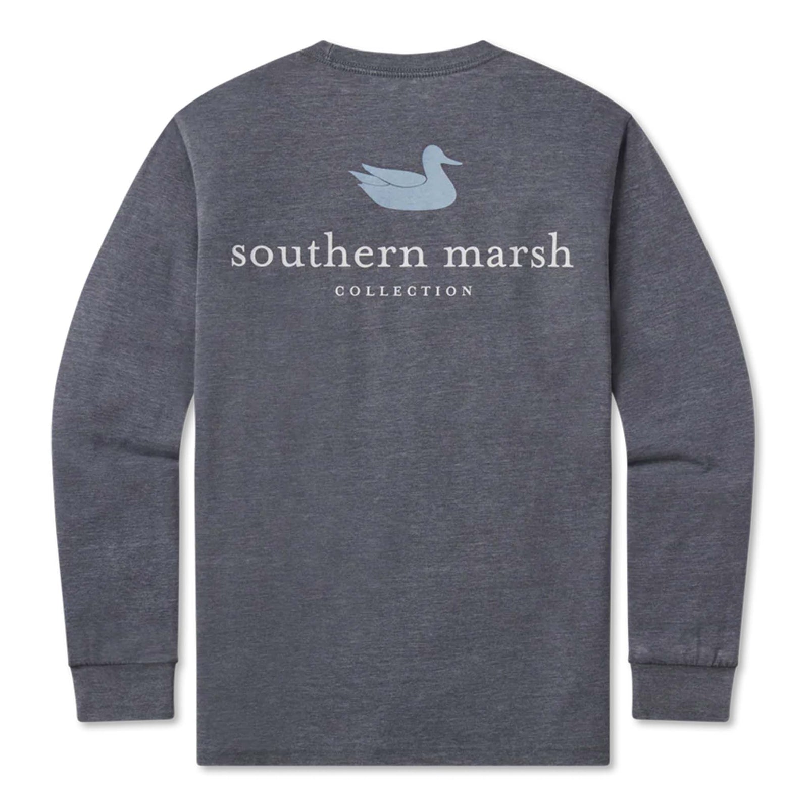 Long sleeve southern marsh t-shirt with a blue duck and white logo on a white background.