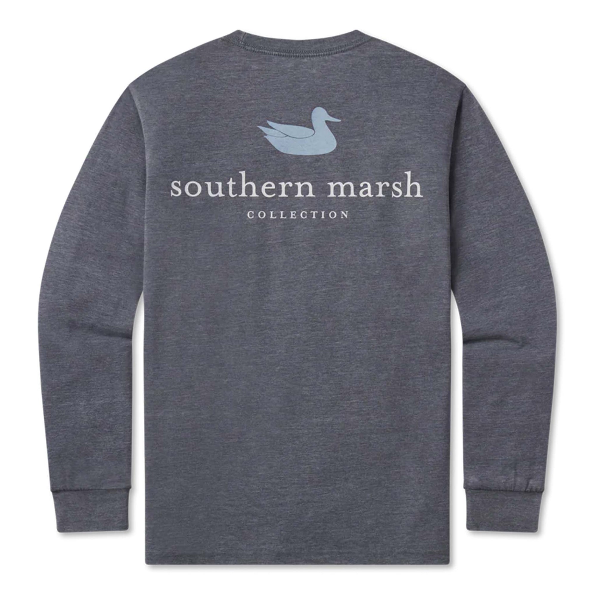 Long sleeve southern marsh t-shirt with a blue duck and white logo on a white background.