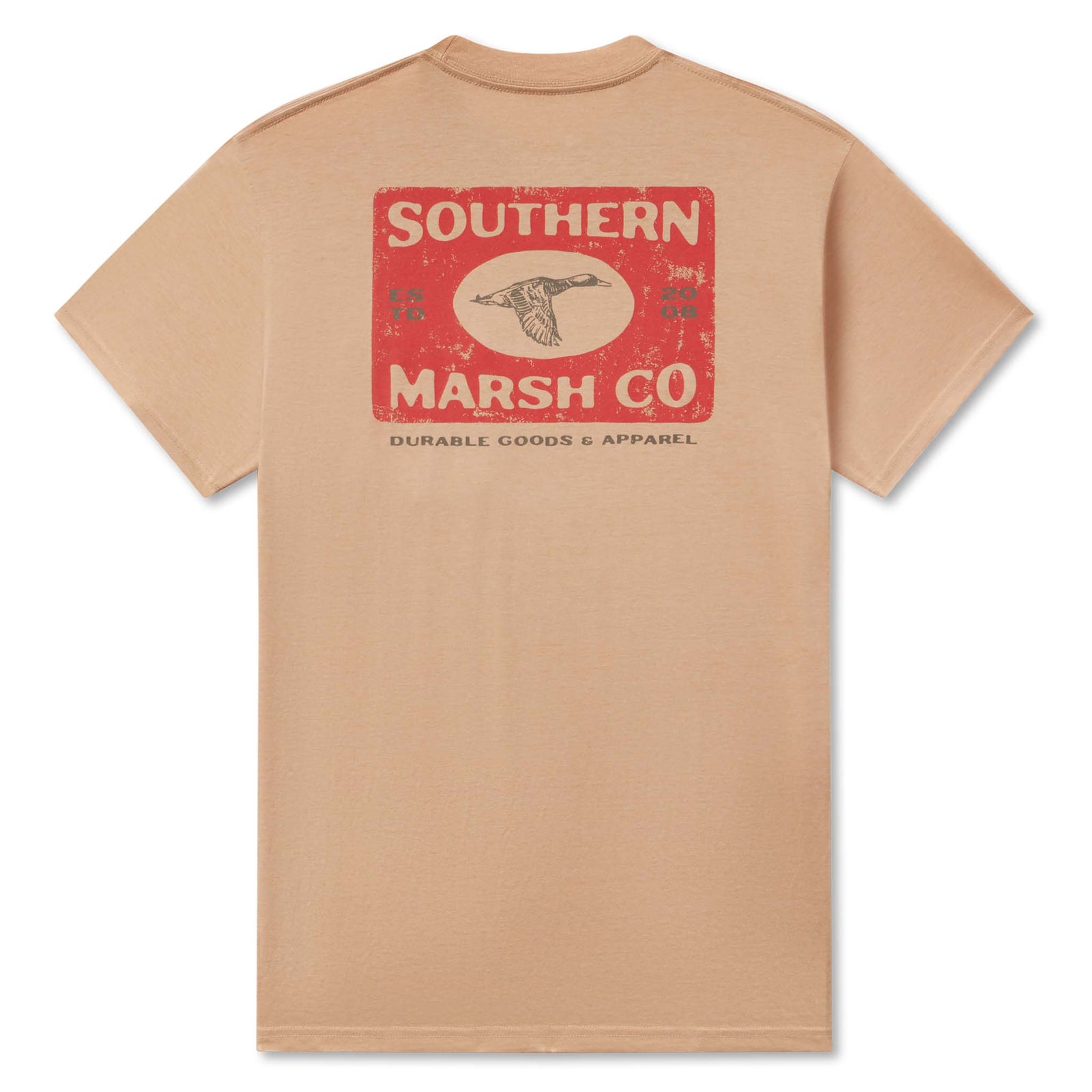 Back view of a camel Southern Marsh t-shirt with a vintage-style red and beige logo design featuring a flying duck.