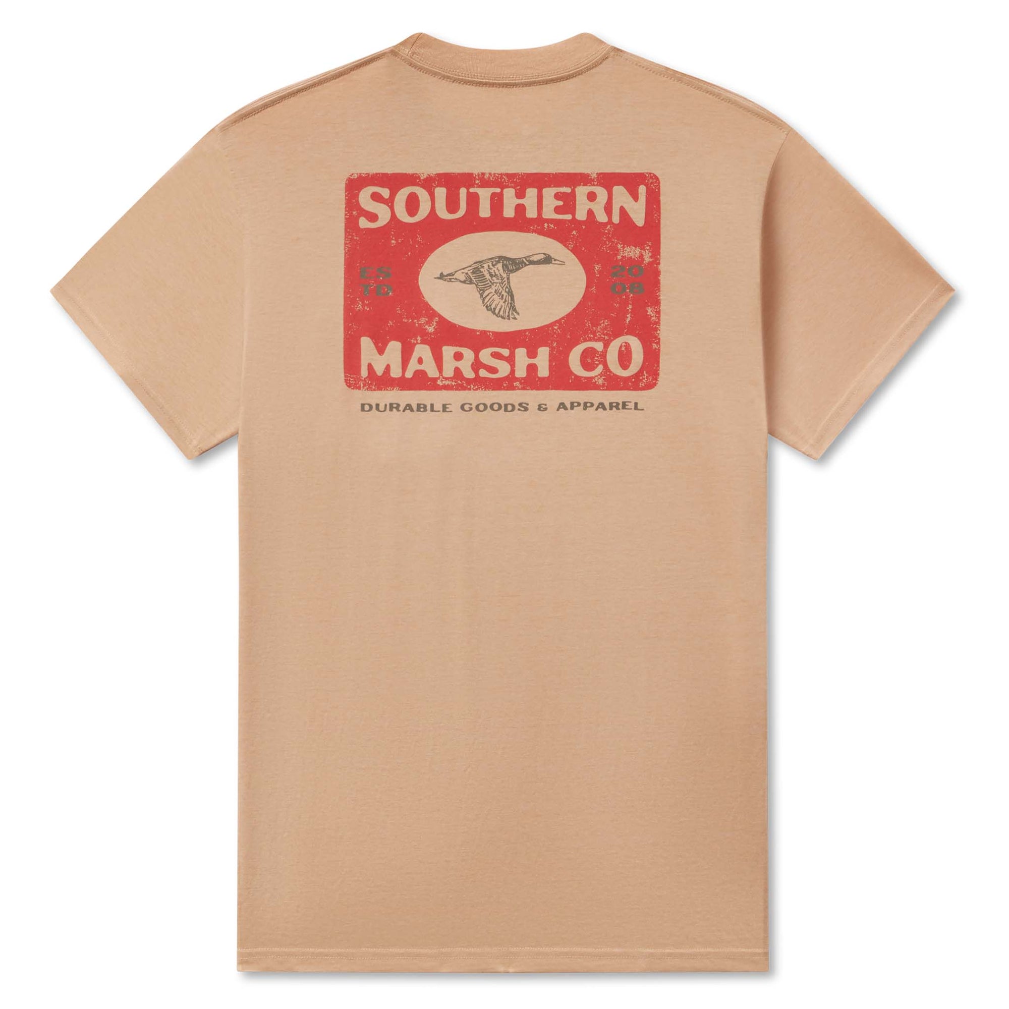 Back view of a camel Southern Marsh t-shirt with a vintage-style red and beige logo design featuring a flying duck.