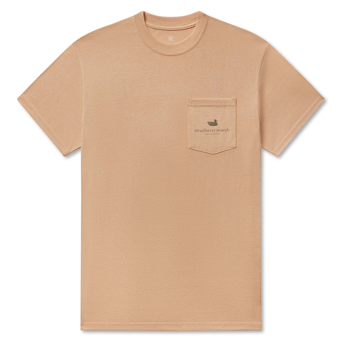 Front view of a camel Southern Marsh t-shirt with a chest pocket featuring the duck logo and "southern marsh collection" text.