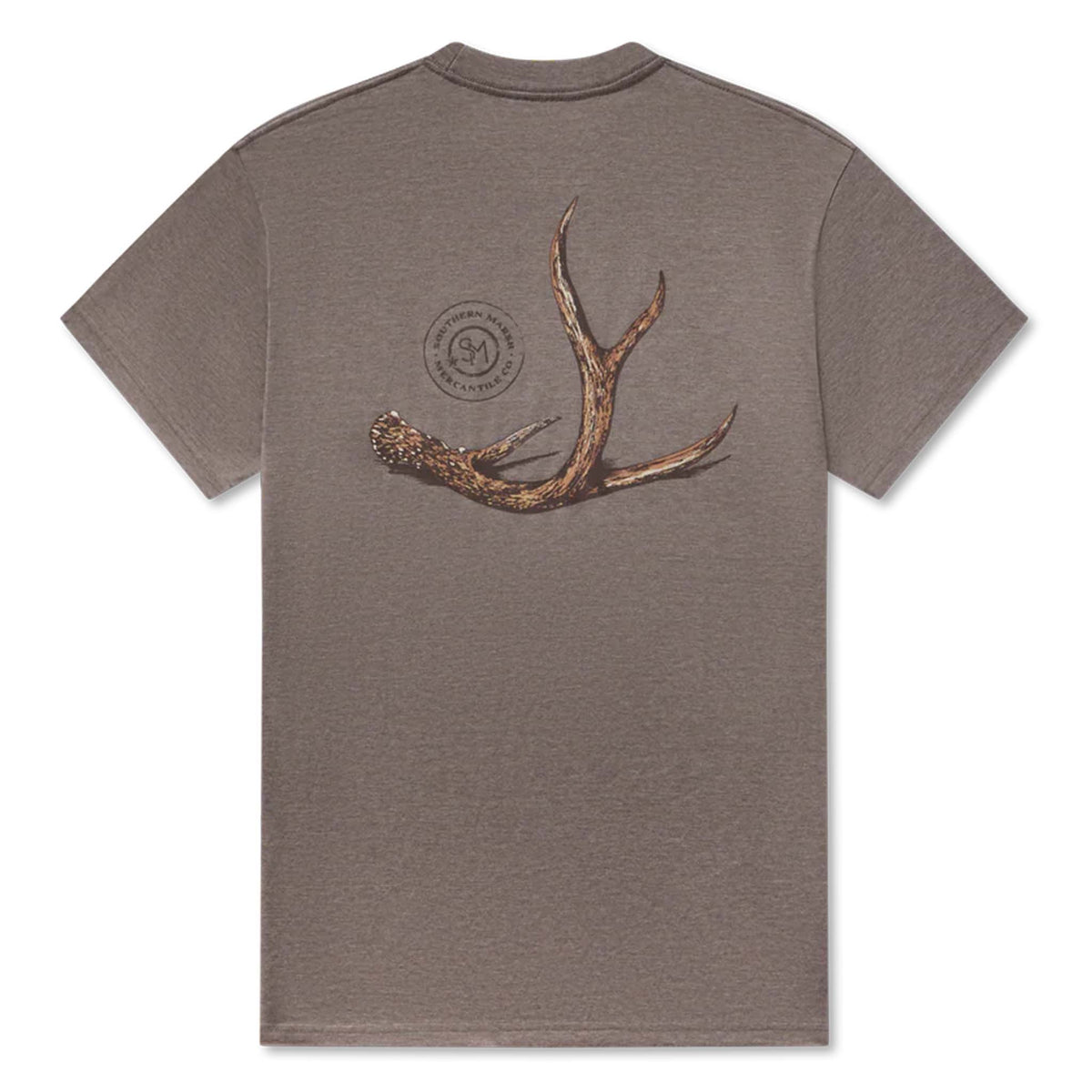 Brown t-shirt with a deer antler design on the back against a white background