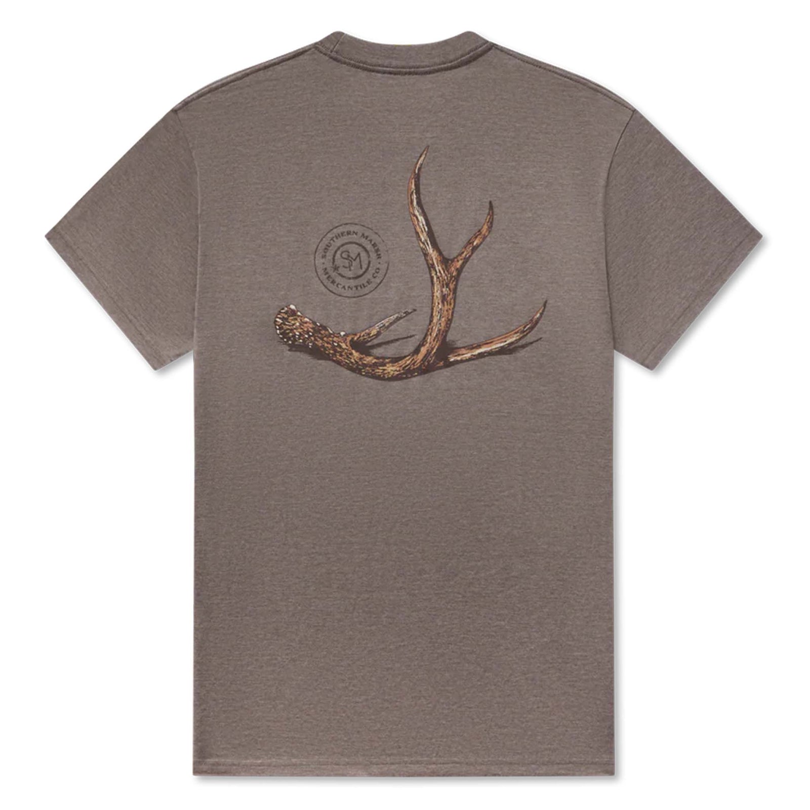 Brown t-shirt with a deer antler design on the back against a white background
