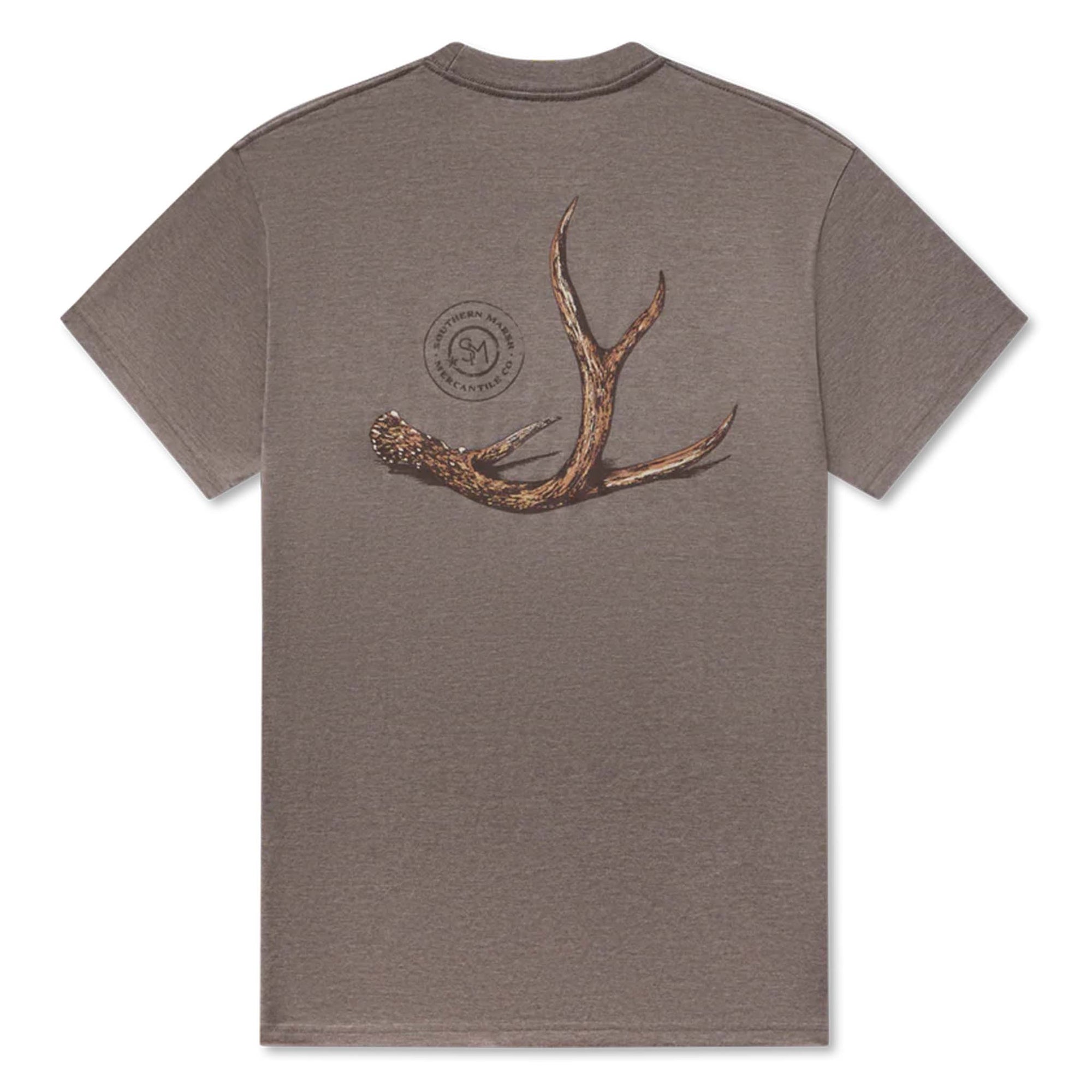 Brown t-shirt with a deer antler design on the back against a white background
