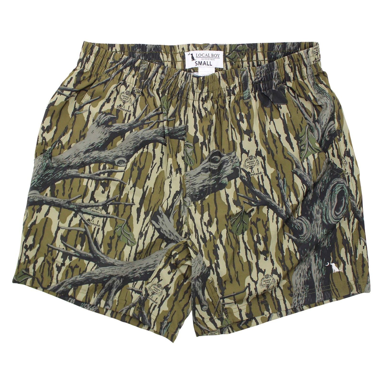 Front view of Local Boy Volley Shorts in Treestand Camo.