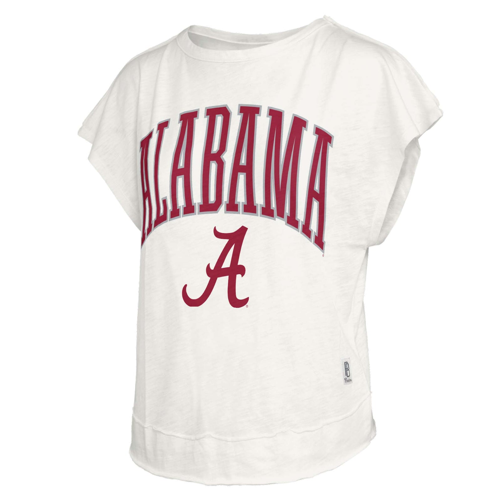 Alabama Open Back Slub Short Sleeve Top in ivory with arched bold font and Alabama A in crimson across the front