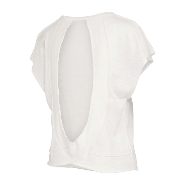 ivory short sleeve relaxed fit top with open back on a white background