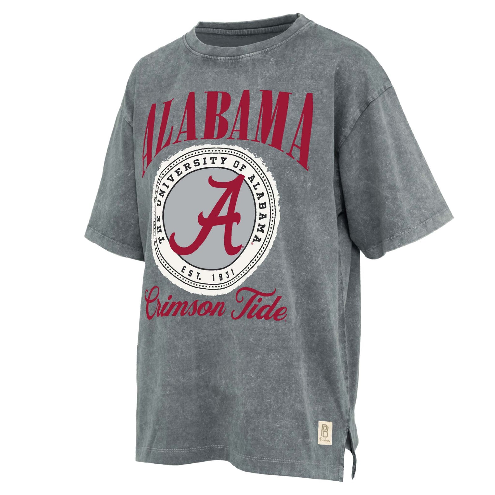mineral wash Gray t-shirt with large front Alabama Crimson Tide logo shown on a white background