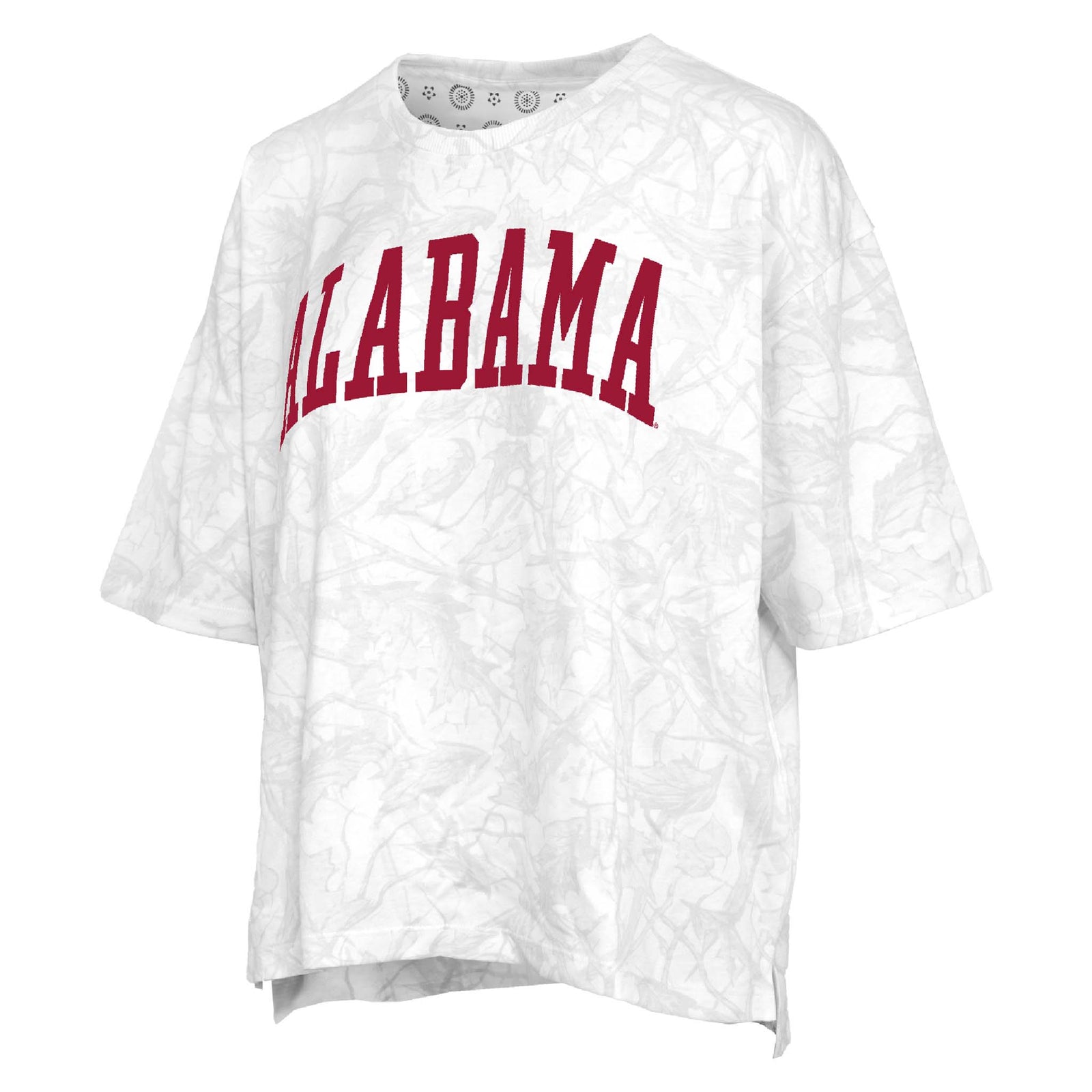 Alabama Varsity Camo Oversized Short Sleeve T-Shirt in all-over white and light grey camo pattern with Alabama across the front in crimson collegiate font 