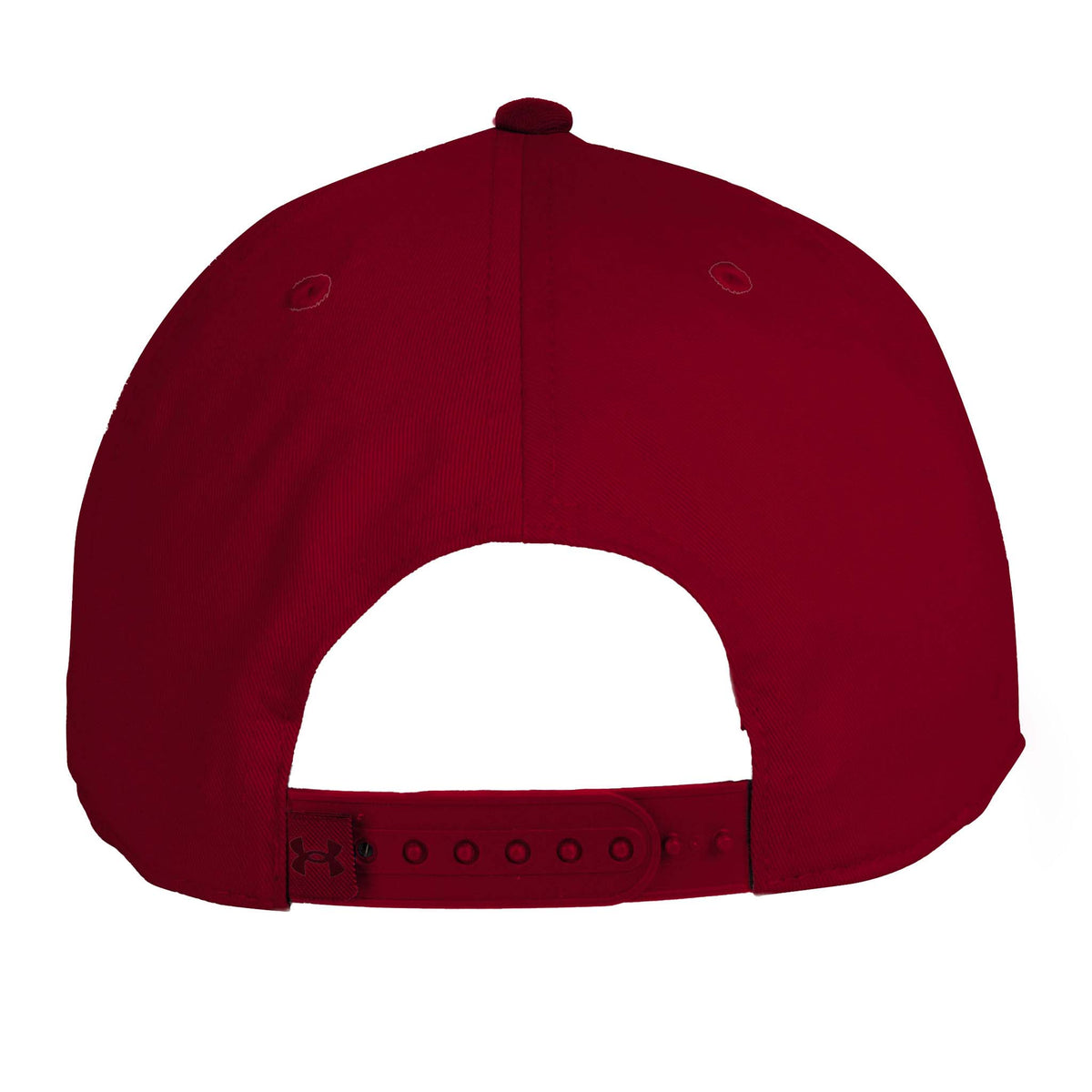 Back view of cardinal red Gamecocks Under Armour snapback hat with adjustable closure.