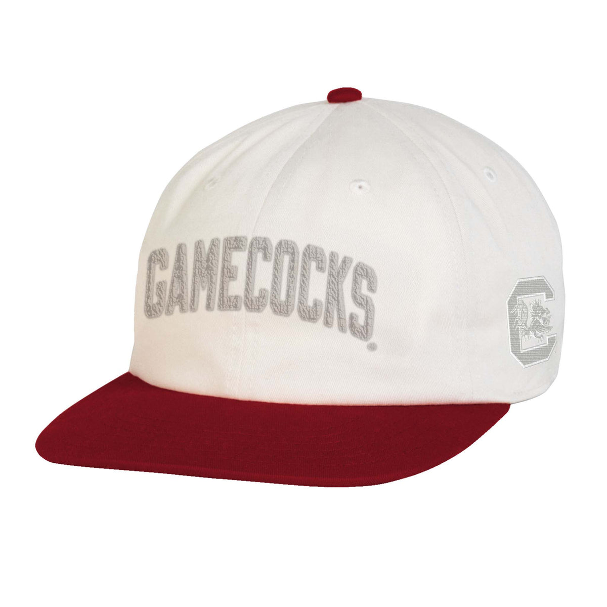 Front angled view of stone and red Gamecocks Under Armour hat with gray embroidered “Gamecocks” text and Block C logo on side.